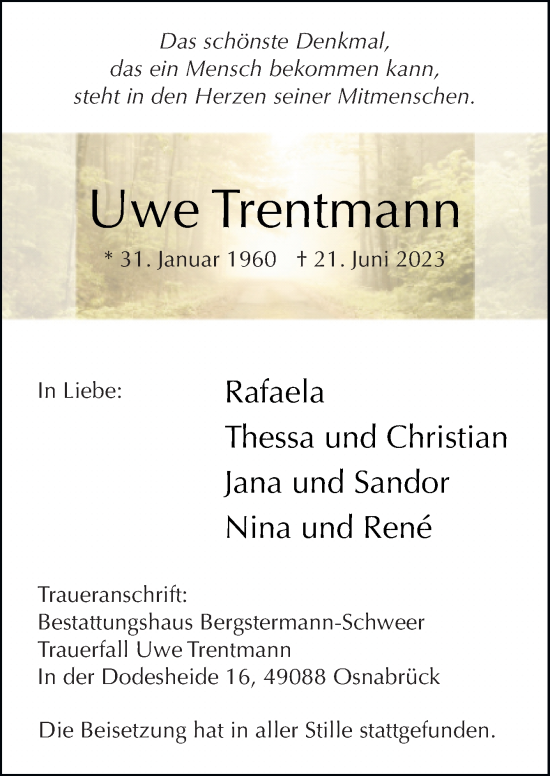 Traueranzeige von Uwe Trentmann von Neue Osnabrücker Zeitung GmbH & Co. KG