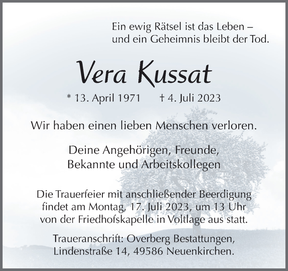  Traueranzeige für Vera Kussat vom 15.07.2023 aus Neue Osnabrücker Zeitung GmbH & Co. KG