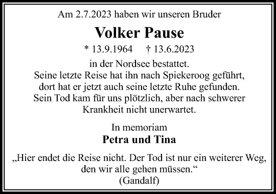 Traueranzeige von Volker Pause von Neue Osnabrücker Zeitung GmbH & Co. KG