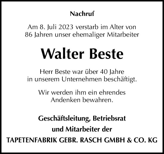 Traueranzeige von Walter Beste von Neue Osnabrücker Zeitung GmbH & Co. KG