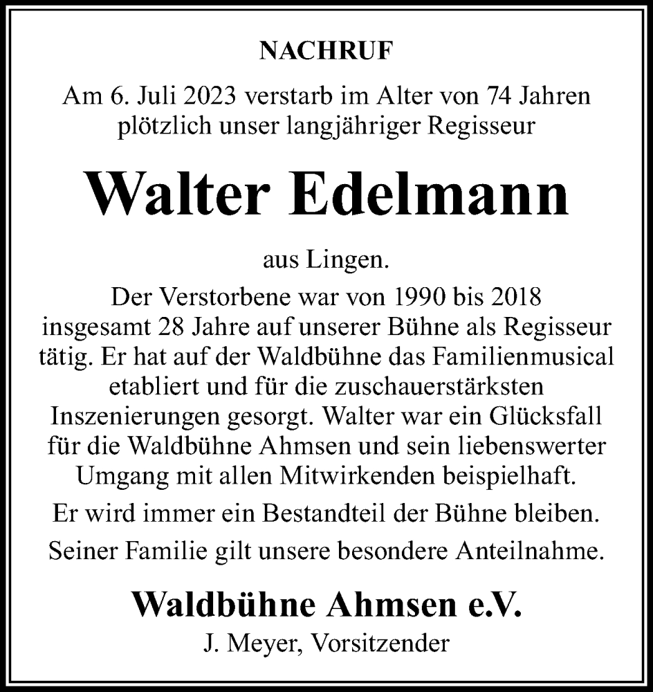  Traueranzeige für Walter Edelmann vom 13.07.2023 aus Neue Osnabrücker Zeitung GmbH & Co. KG