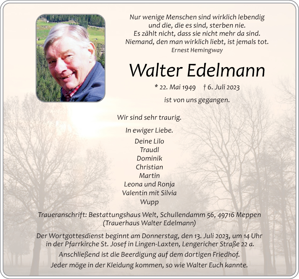  Traueranzeige für Walter Edelmann vom 11.07.2023 aus Neue Osnabrücker Zeitung GmbH & Co. KG