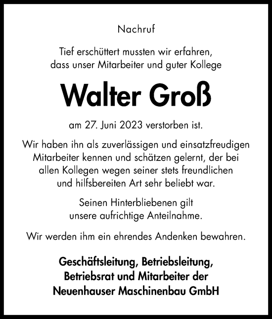 Traueranzeige von Walter Groß von Neue Osnabrücker Zeitung GmbH & Co. KG