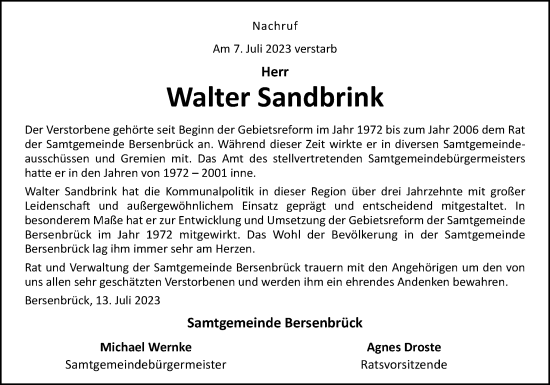 Traueranzeige von Walter Sandbrink von Neue Osnabrücker Zeitung GmbH & Co. KG