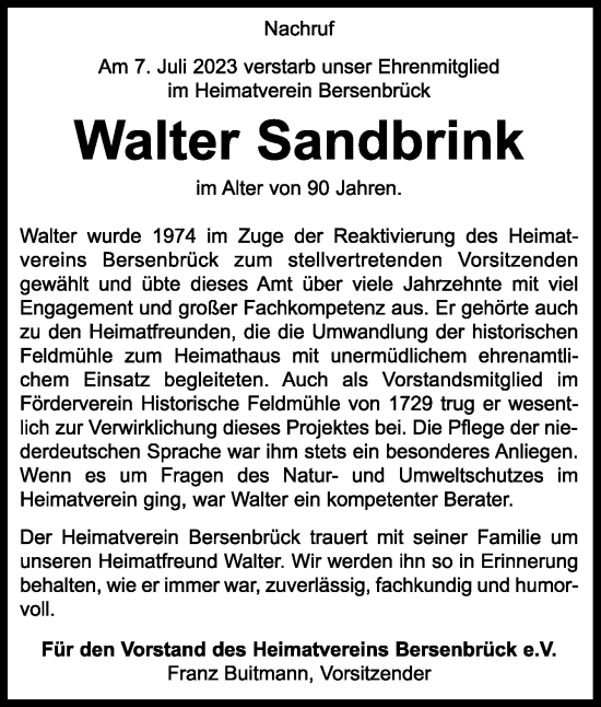 Traueranzeige von Walter Sandbrink von Neue Osnabrücker Zeitung GmbH & Co. KG