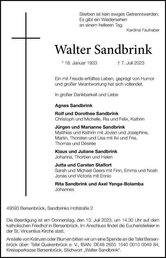 Traueranzeige von Walter Sandbrink von Neue Osnabrücker Zeitung GmbH & Co. KG