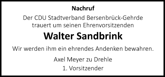 Traueranzeige von Walter Sandbrink von Neue Osnabrücker Zeitung GmbH & Co. KG