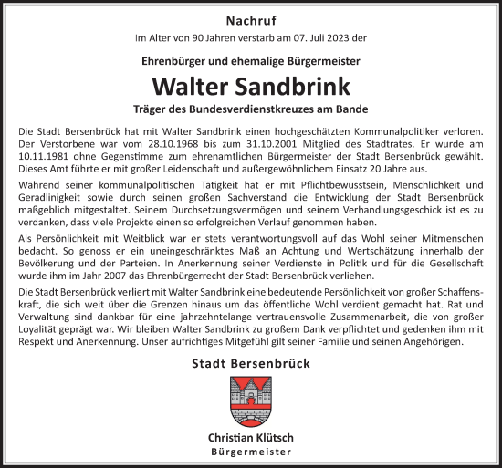 Traueranzeige von Walter Sandbrink von Neue Osnabrücker Zeitung GmbH & Co. KG