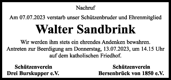 Traueranzeige von Walter Sandbrink von Neue Osnabrücker Zeitung GmbH & Co. KG