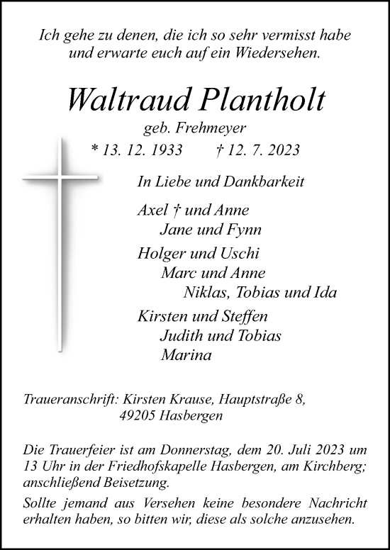 Traueranzeige von Waltraud Plantholt von Neue Osnabrücker Zeitung GmbH & Co. KG