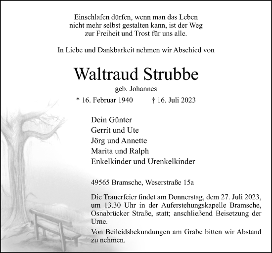 Traueranzeige von Waltraud Strubbe von Neue Osnabrücker Zeitung GmbH & Co. KG