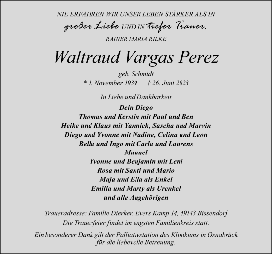 Traueranzeige von Waltraud Vargas Perez von Neue Osnabrücker Zeitung GmbH & Co. KG