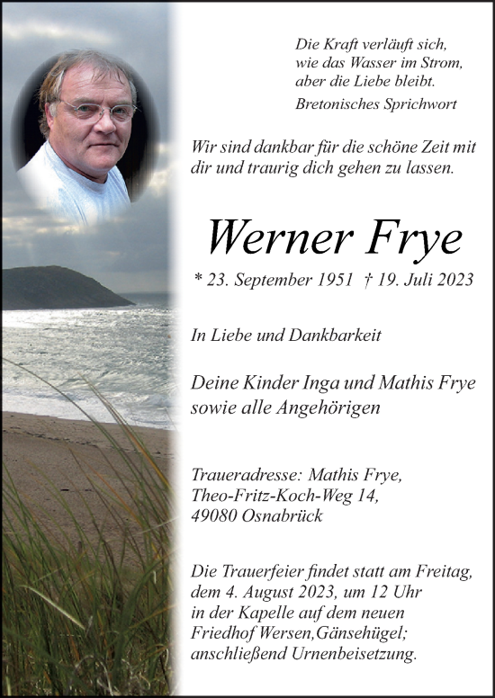 Traueranzeige von Werner Frye von Neue Osnabrücker Zeitung GmbH & Co. KG