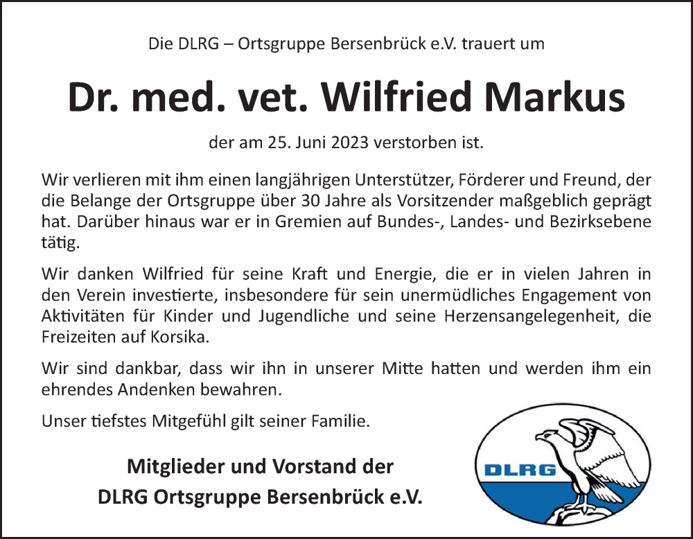  Traueranzeige für Wilfried Markus vom 01.07.2023 aus Neue Osnabrücker Zeitung GmbH & Co. KG