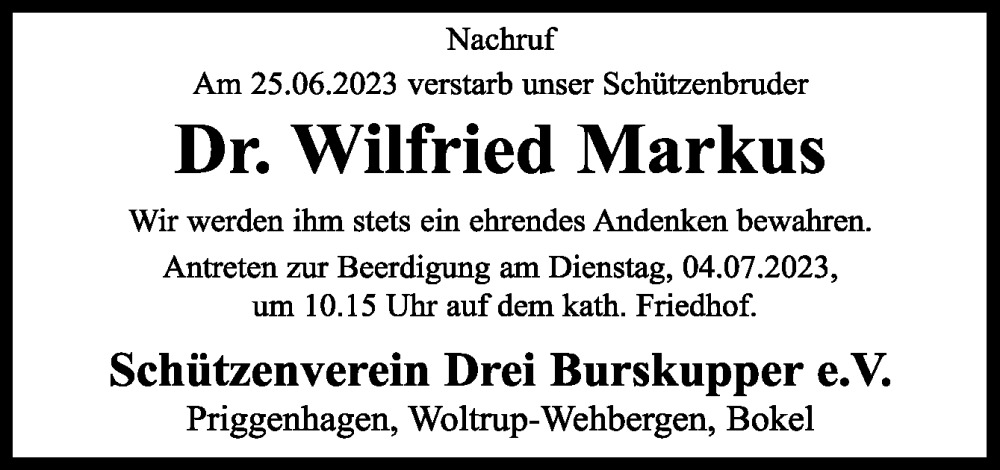  Traueranzeige für Wilfried Markus vom 01.07.2023 aus Neue Osnabrücker Zeitung GmbH & Co. KG