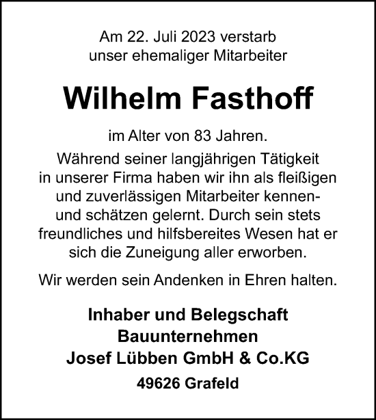 Traueranzeige von Wilhelm Fasthoff von Neue Osnabrücker Zeitung GmbH & Co. KG