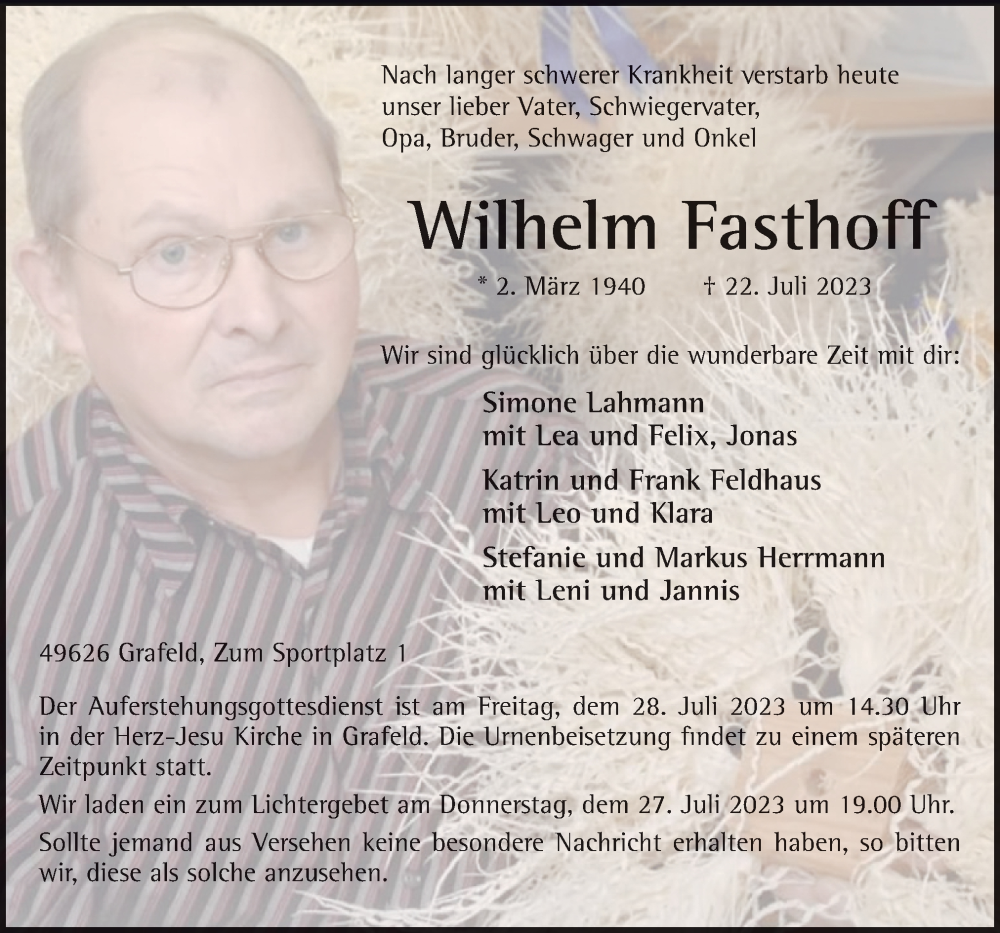  Traueranzeige für Wilhelm Fasthoff vom 24.07.2023 aus Neue Osnabrücker Zeitung GmbH & Co. KG