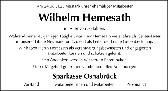 Traueranzeige von Wilhelm Hemesath von Neue Osnabrücker Zeitung GmbH & Co. KG