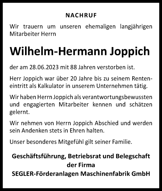 Traueranzeige von Wilhelm-Hermann Joppich von Neue Osnabrücker Zeitung GmbH & Co. KG