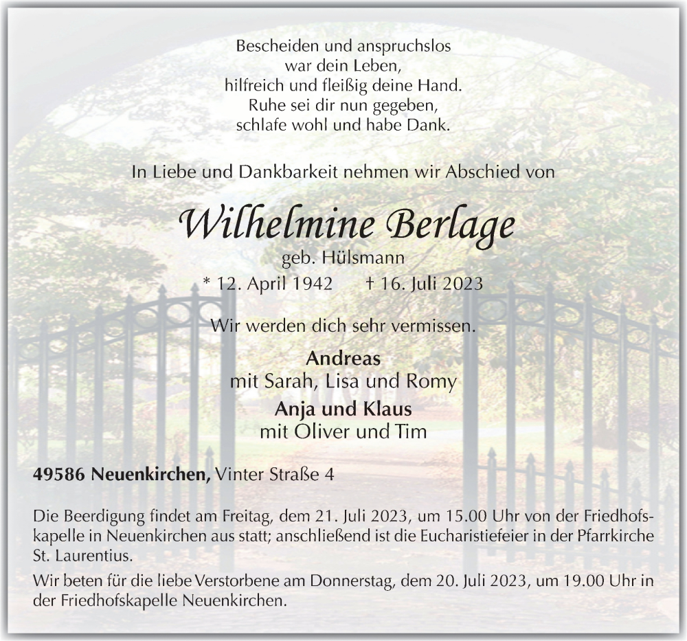  Traueranzeige für Wilhelmine Berlage vom 18.07.2023 aus Neue Osnabrücker Zeitung GmbH & Co. KG