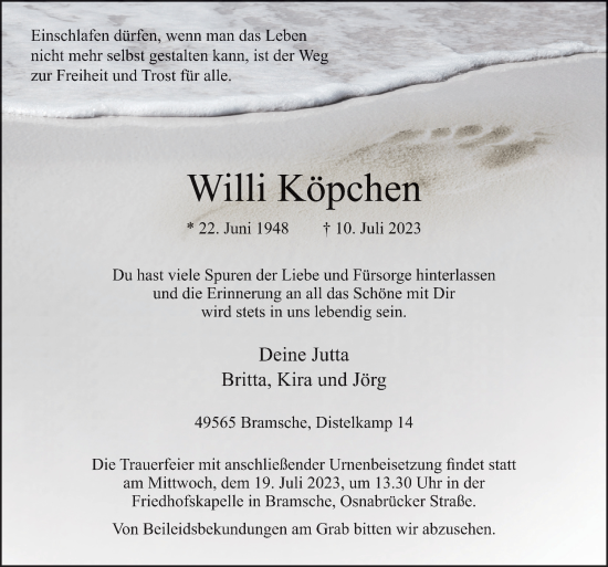 Traueranzeige von Willi Köpchen von Neue Osnabrücker Zeitung GmbH & Co. KG