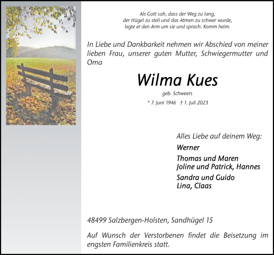 Traueranzeige von Wilma Kues von Neue Osnabrücker Zeitung GmbH & Co. KG