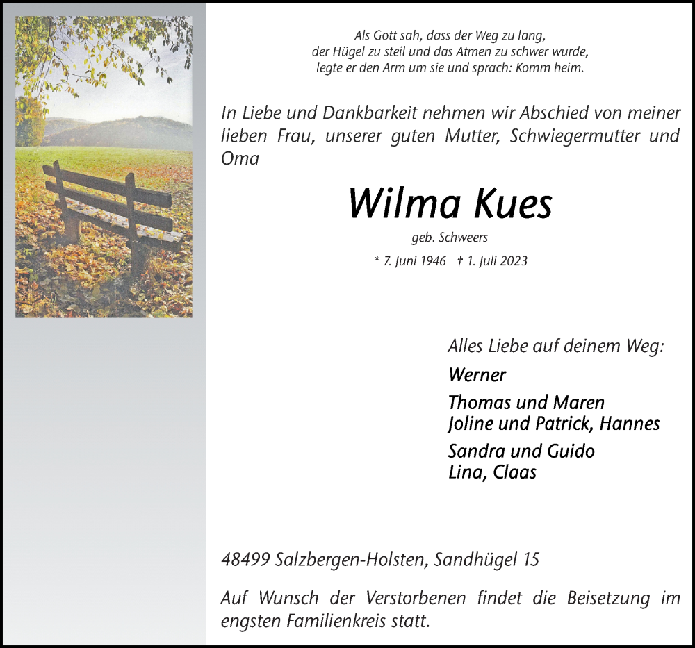  Traueranzeige für Wilma Kues vom 03.07.2023 aus Neue Osnabrücker Zeitung GmbH & Co. KG