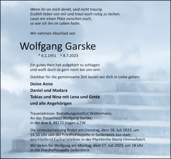 Traueranzeige von Wolfgang Garske von Neue Osnabrücker Zeitung GmbH & Co. KG