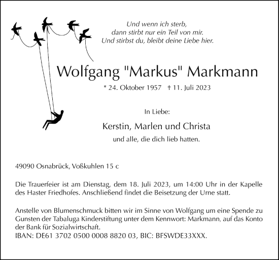 Traueranzeige von Wolfgang Markmann von Neue Osnabrücker Zeitung GmbH & Co. KG