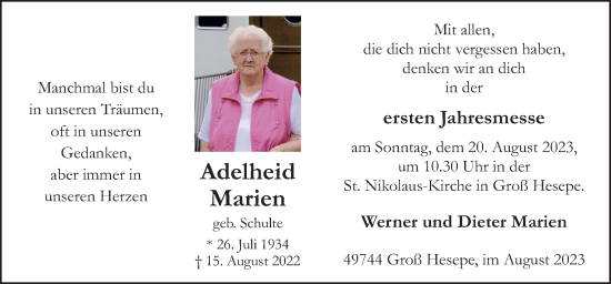 Traueranzeige von Adelheid Marien von Neue Osnabrücker Zeitung GmbH & Co. KG