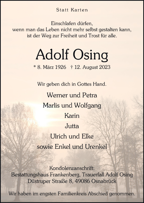 Traueranzeige von Adolf Osing von Neue Osnabrücker Zeitung GmbH & Co. KG