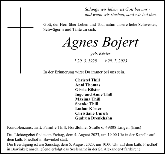 Traueranzeige von Agnes Bojert von Neue Osnabrücker Zeitung GmbH & Co. KG