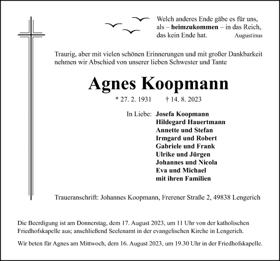 Traueranzeige von Agnes Koopmann von Neue Osnabrücker Zeitung GmbH & Co. KG