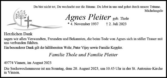 Traueranzeige von Agnes Pleiter von Neue Osnabrücker Zeitung GmbH & Co. KG