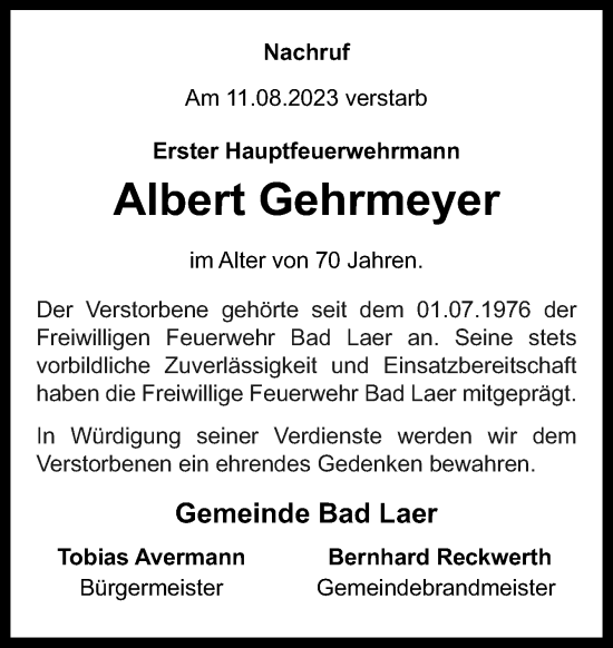 Traueranzeige von Albert Gehrmeyer von Neue Osnabrücker Zeitung GmbH & Co. KG
