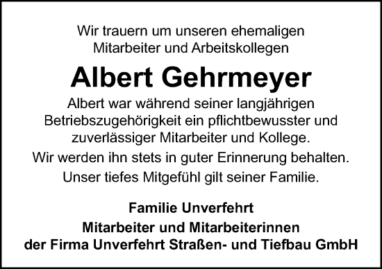 Traueranzeige von Albert Gehrmeyer von Neue Osnabrücker Zeitung GmbH & Co. KG