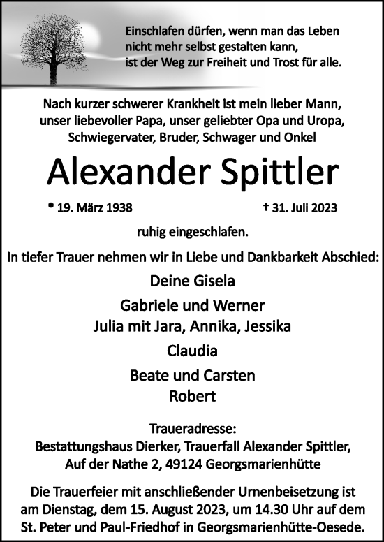 Traueranzeige von Alexander Spittler von Neue Osnabrücker Zeitung GmbH & Co. KG