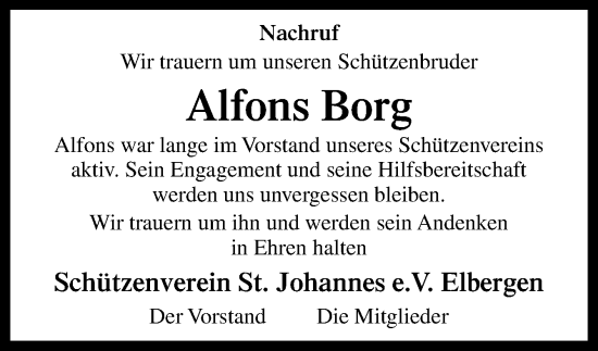 Traueranzeige von Alfons Borg von Neue Osnabrücker Zeitung GmbH & Co. KG