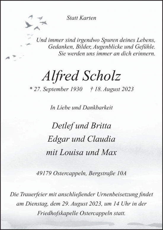 Traueranzeige von Alfred Scholz von Neue Osnabrücker Zeitung GmbH & Co. KG