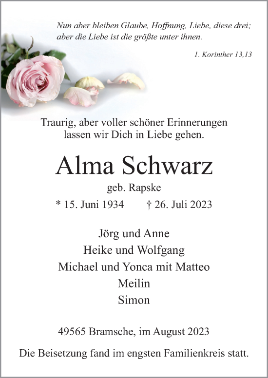 Traueranzeige von Alma Schwarz von Neue Osnabrücker Zeitung GmbH & Co. KG