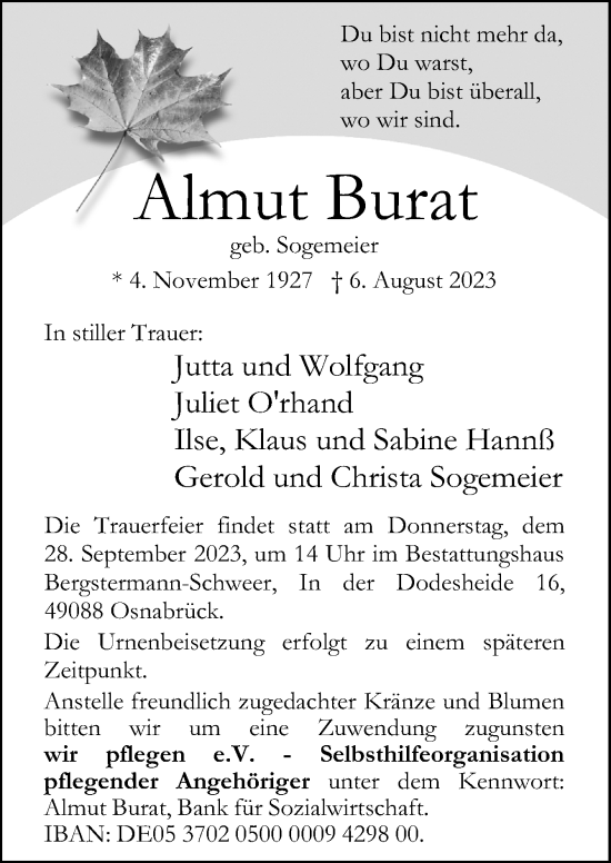Traueranzeige von Almut Burat von Neue Osnabrücker Zeitung GmbH & Co. KG