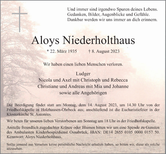Traueranzeige von Aloys Niederholthaus von Neue Osnabrücker Zeitung GmbH & Co. KG
