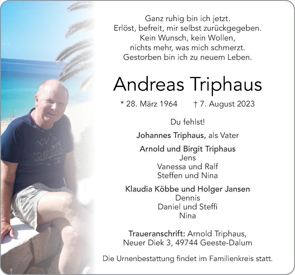  Traueranzeige für Andreas Triphaus vom 12.08.2023 aus Neue Osnabrücker Zeitung GmbH & Co. KG