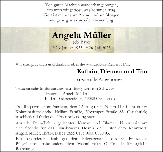 Traueranzeige von Angela Müller von Neue Osnabrücker Zeitung GmbH & Co. KG
