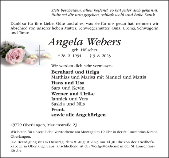 Traueranzeige von Angela Webers von Neue Osnabrücker Zeitung GmbH & Co. KG