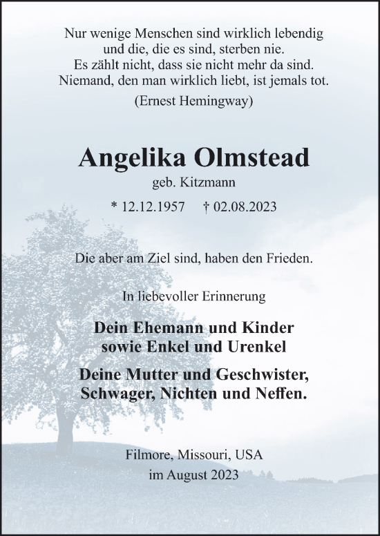 Traueranzeige von Angelika Olmstead von Neue Osnabrücker Zeitung GmbH & Co. KG
