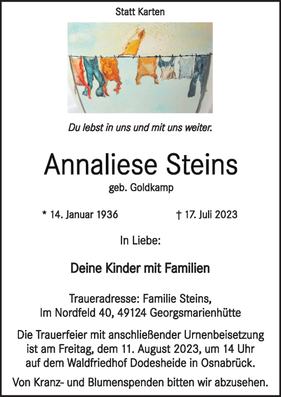 Traueranzeige von Annaliese Steins von Neue Osnabrücker Zeitung GmbH & Co. KG
