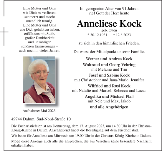 Traueranzeige von Anneliese Kock von Neue Osnabrücker Zeitung GmbH & Co. KG