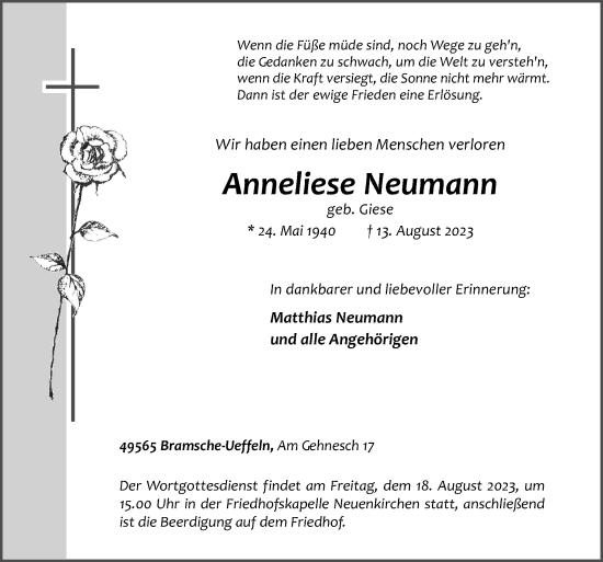 Traueranzeige von Anneliese Neumann von Neue Osnabrücker Zeitung GmbH & Co. KG