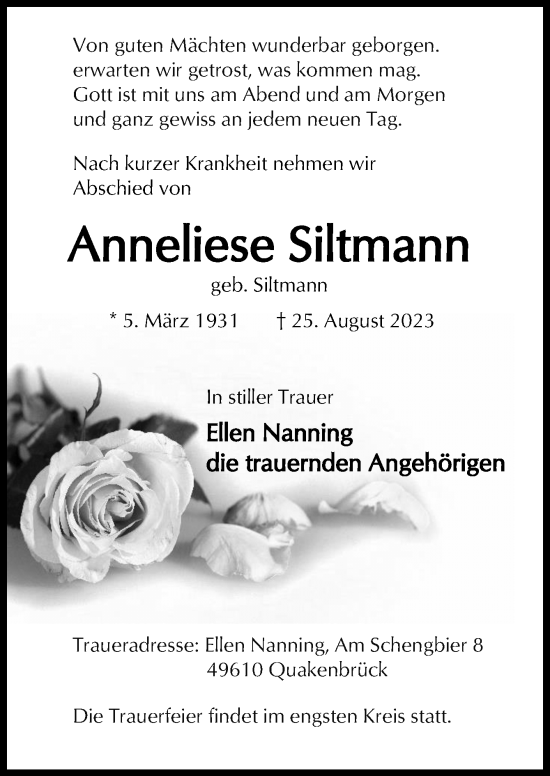Traueranzeige von Anneliese Siltmann von Neue Osnabrücker Zeitung GmbH & Co. KG